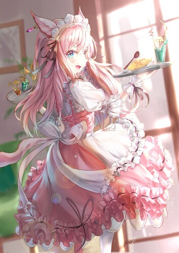 anime-girl-cute-mad-dress-nekomimi-pink-hair-cafe-dessert-animal-ears