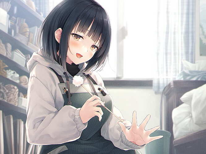 HD-wallpaper-pretty-anime-girl-short-black-hair-ear-cleaning-blushes-hoodie-apron-anime